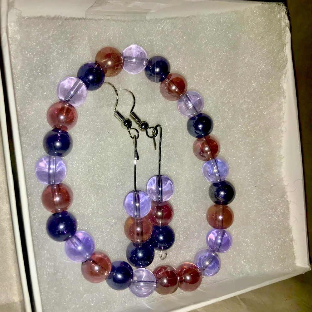MULTI COLORED PURPLE GLASS BEADED BRACELET AND EARRINGS SET